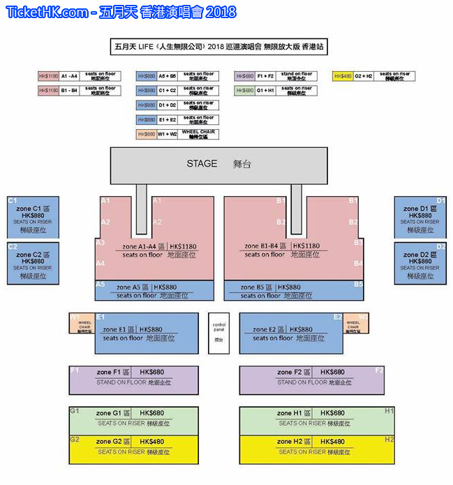 五月天 香港演唱會 2018 座位表 Seating Plan